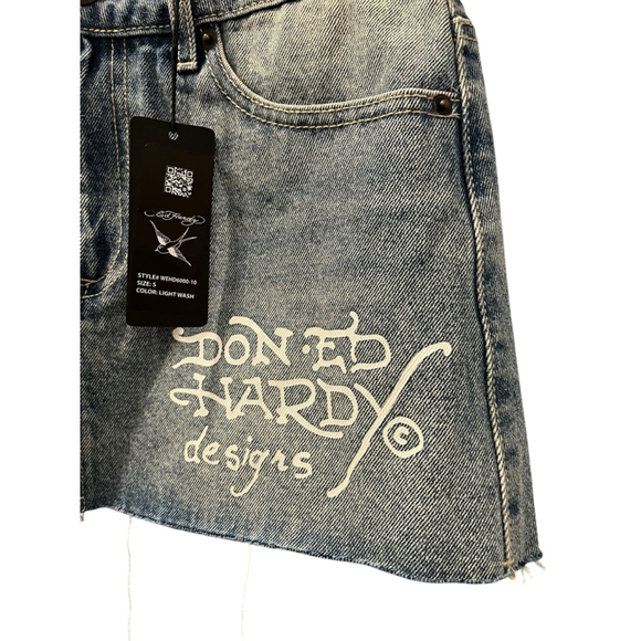 Ed Hardy NWT Love Kills Slowly Size Small Denim Jean Mini Skirt Skull Heart Blue - Picture 4 of 10